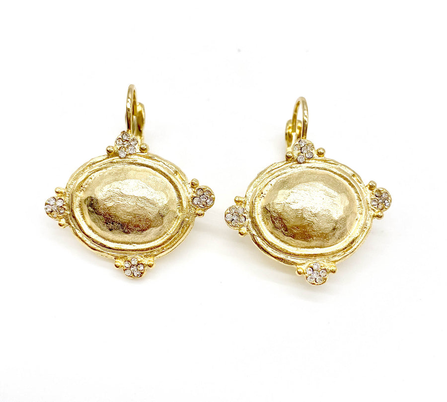 Hammered Gold Oval Earrings with CZs